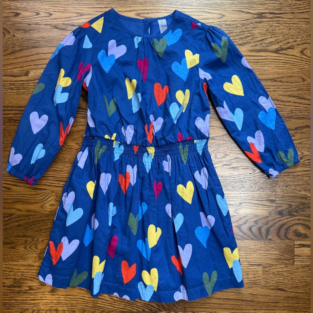 Primary Girls Smocked Waist Cobalt Colorful Confetti Hearts Pattern Dress Sz 6-7